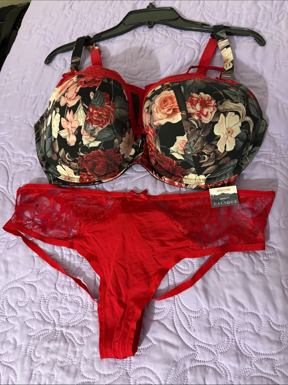 Cacique Red Floral Underwire Bra with Matching Red Lace Thong